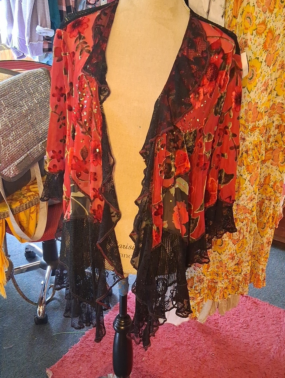 Sheer Floral Ruffle Wrap in Red and Black